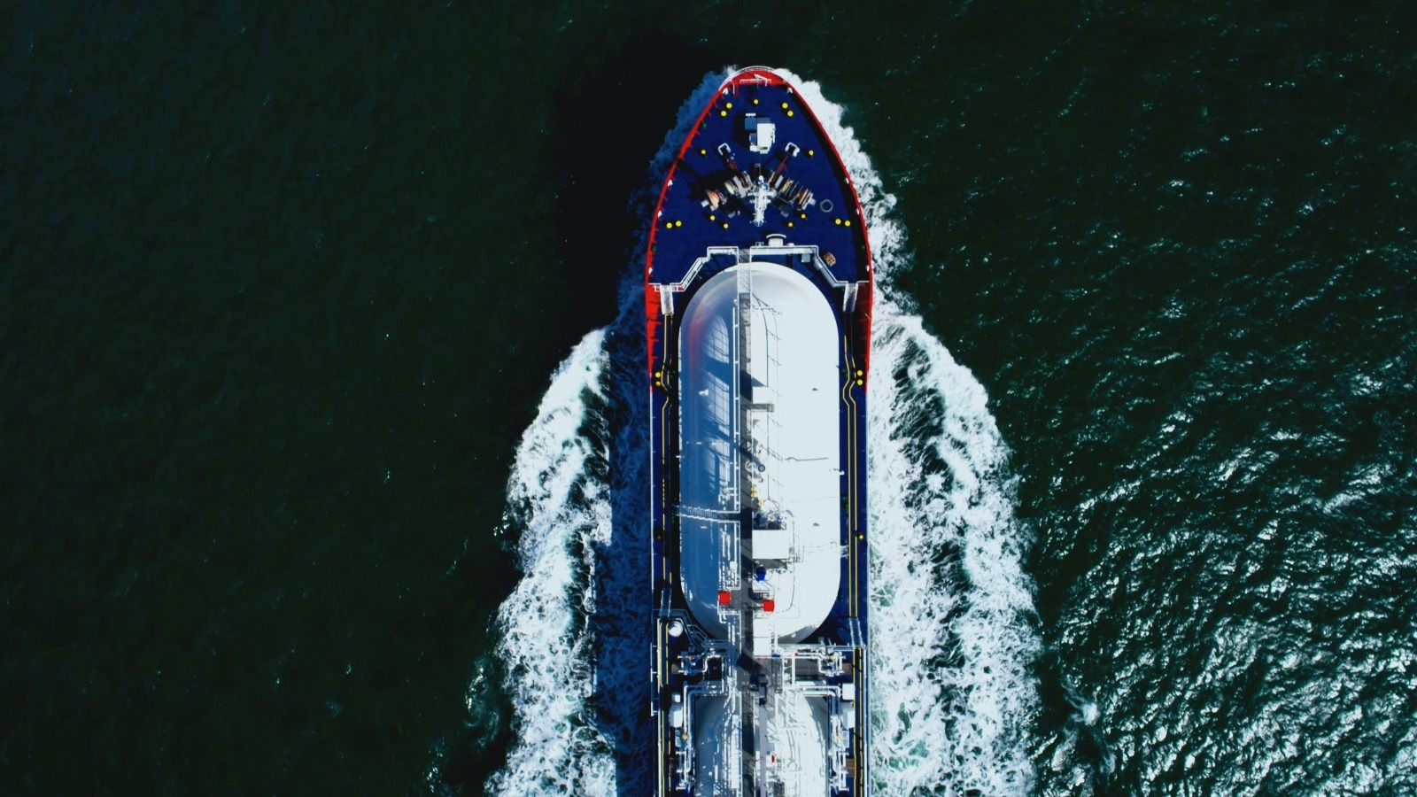LPG carrier seen from above, cutting through open water