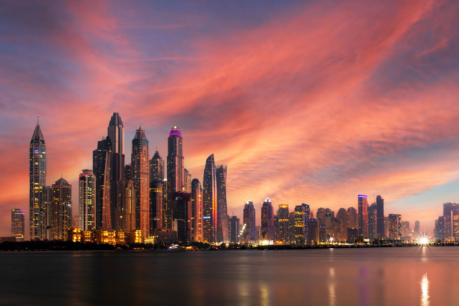 Dubai Marina skyline at sunset